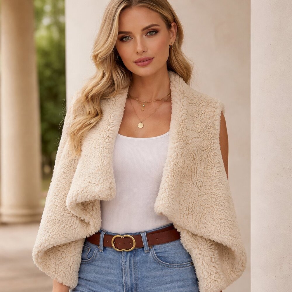 Bagatelle Faux Fur Draped Vest in Cream XL